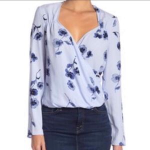 Free Press Women's  Long Sleeve Faux Wrap Blouse  SZ S Blue Floral